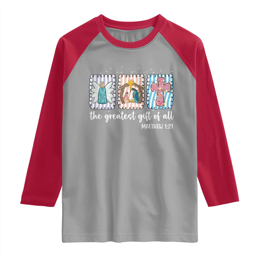 Christian Christmas Raglan Shirt The Greatest Gift Of All Jesus Nativity Scene TS11 Sport Gray Red Print Your Wear