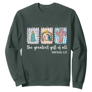 Christian Christmas Sweatshirt The Greatest Gift Of All Jesus Nativity Scene TS11 Dark Forest Green Print Your Wear