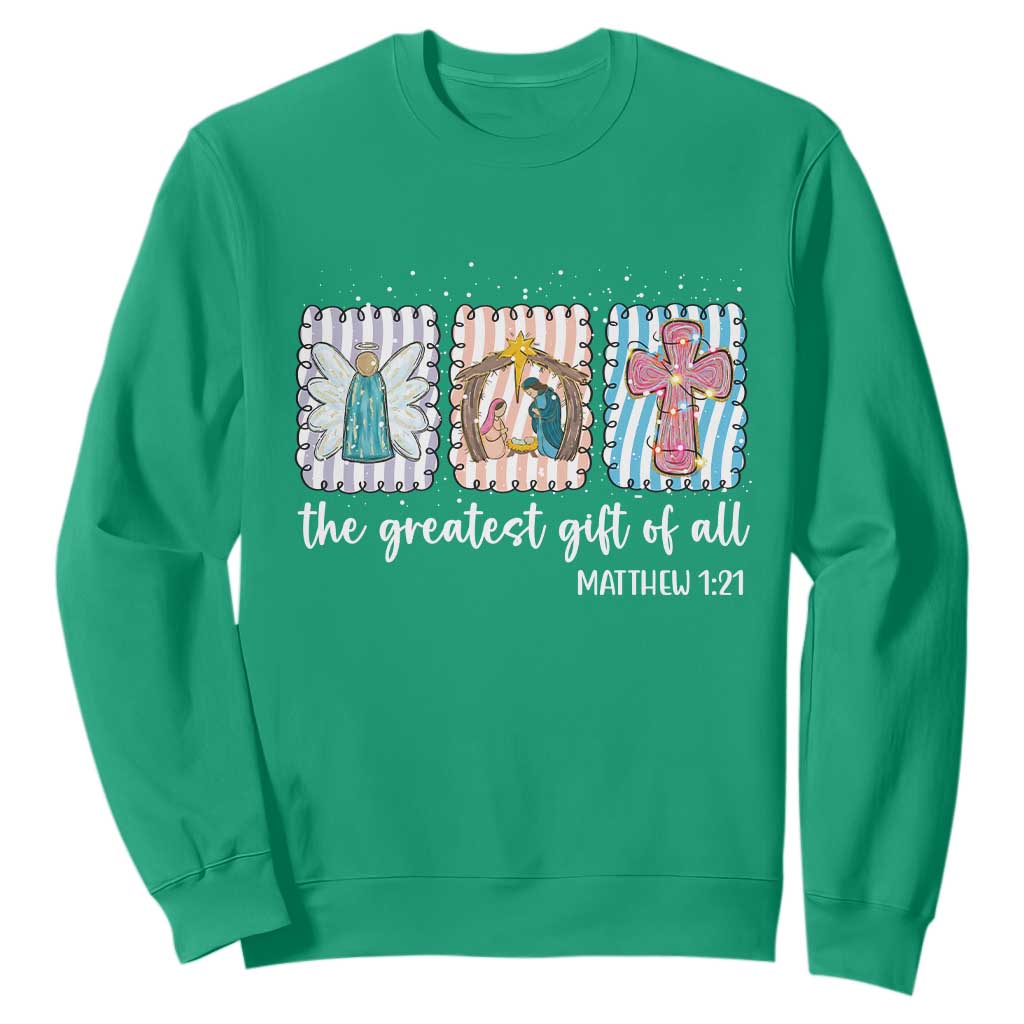 Christian Christmas Sweatshirt The Greatest Gift Of All Jesus Nativity Scene TS11 Irish Green Print Your Wear