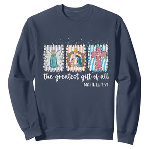 Christian Christmas Sweatshirt The Greatest Gift Of All Jesus Nativity Scene TS11 Navy Print Your Wear