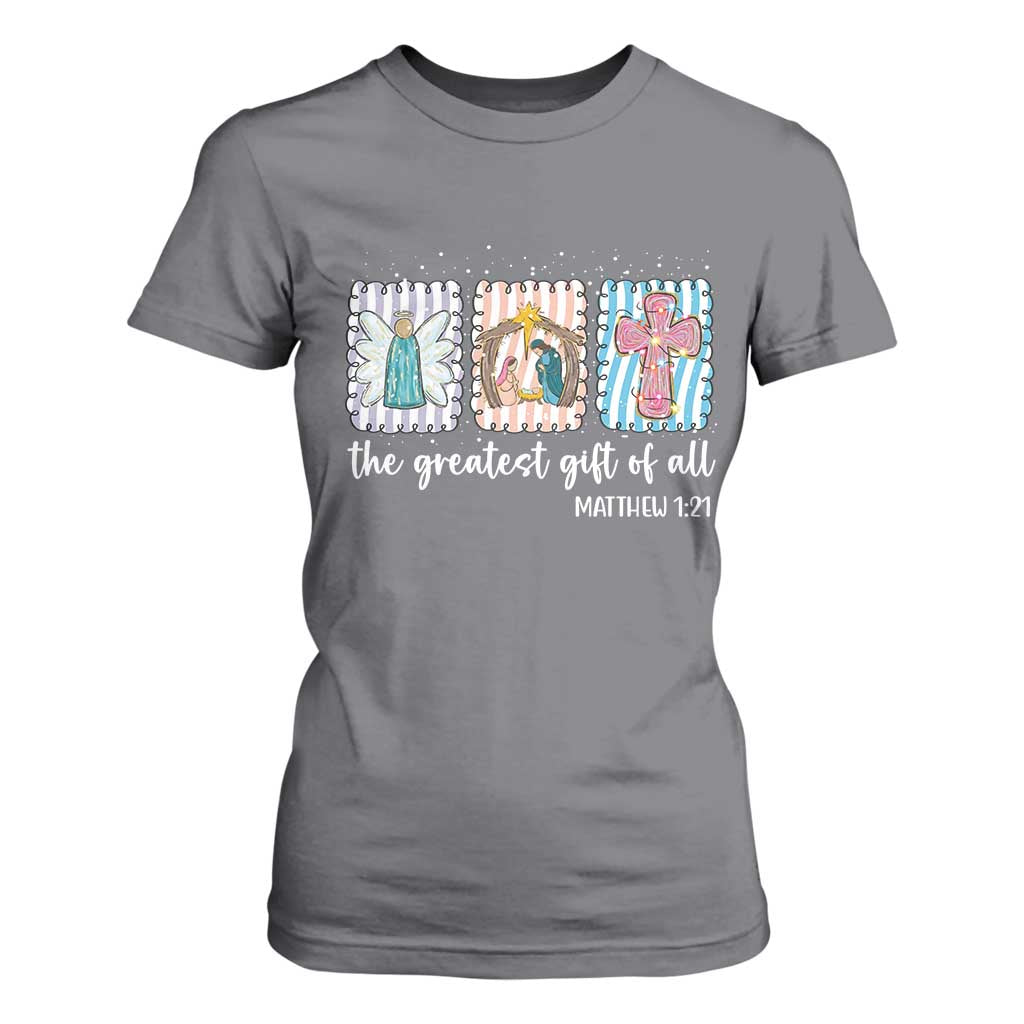 Christian Christmas T Shirt For Women The Greatest Gift Of All Jesus Nativity Scene TS11 Charcoal Print Your Wear