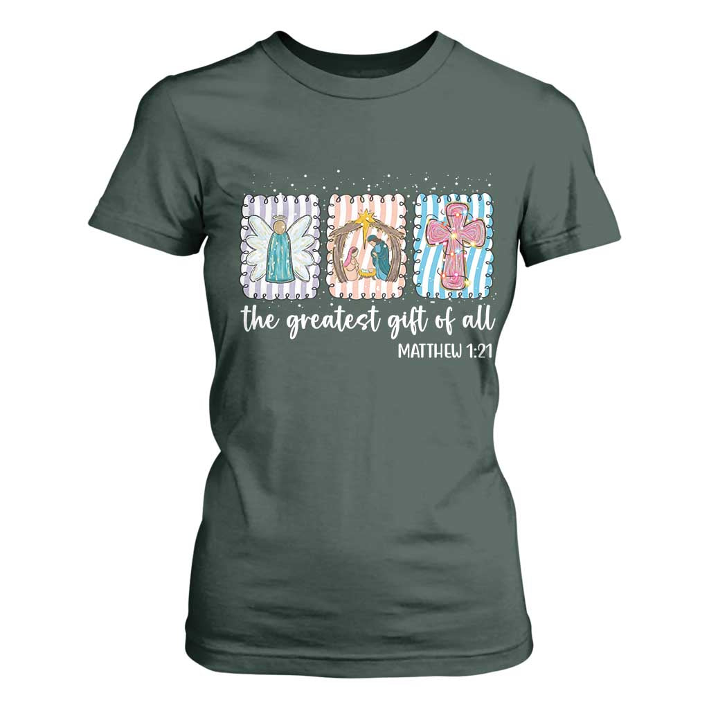 Christian Christmas T Shirt For Women The Greatest Gift Of All Jesus Nativity Scene TS11 Dark Forest Green Print Your Wear