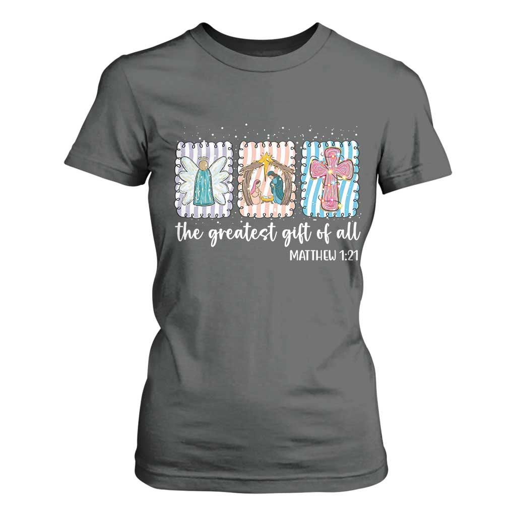 Christian Christmas T Shirt For Women The Greatest Gift Of All Jesus Nativity Scene TS11 Dark Heather Print Your Wear