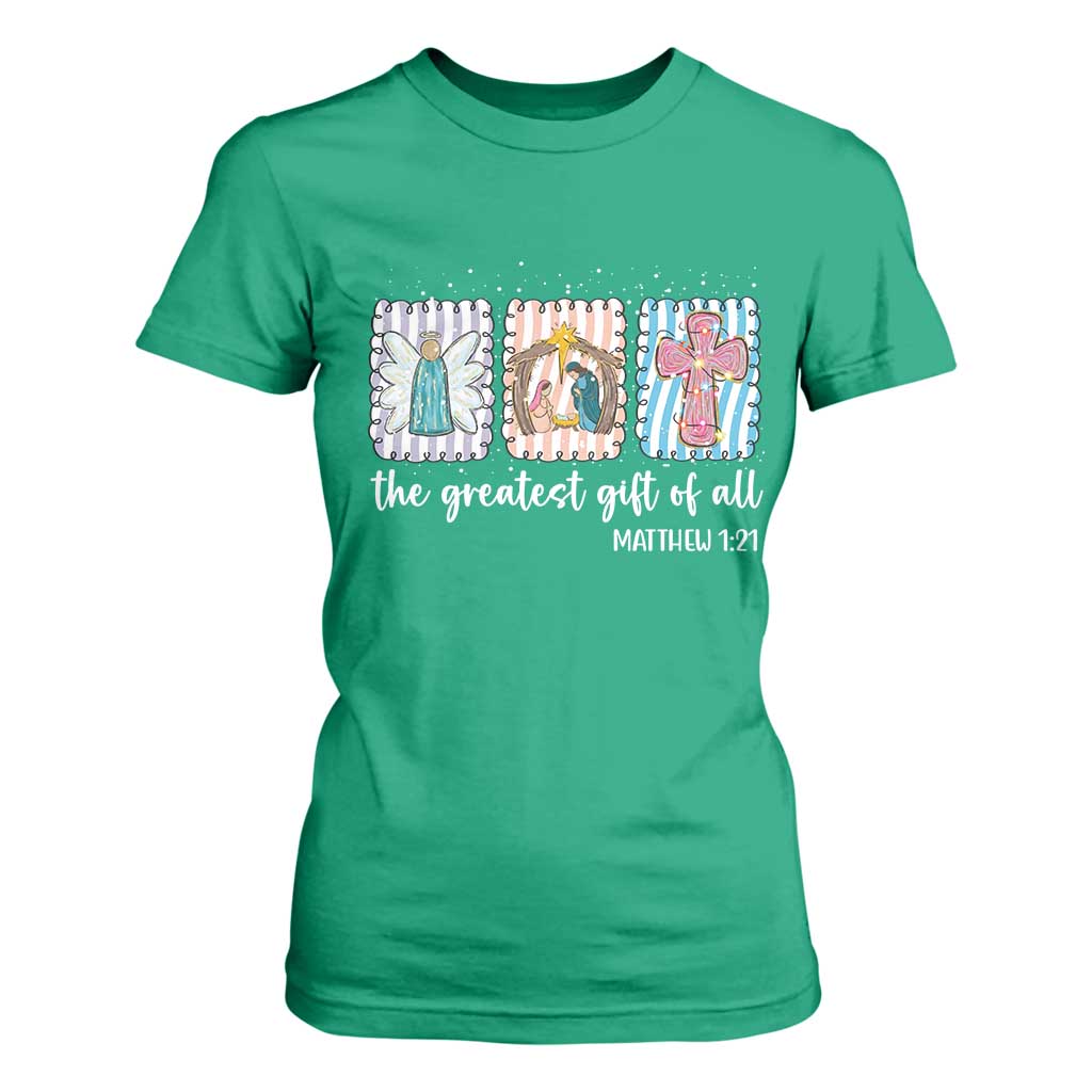 Christian Christmas T Shirt For Women The Greatest Gift Of All Jesus Nativity Scene TS11 Irish Green Print Your Wear