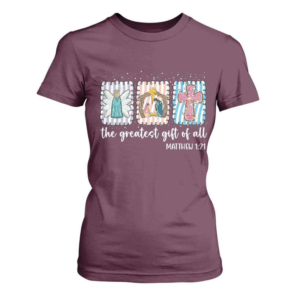 Christian Christmas T Shirt For Women The Greatest Gift Of All Jesus Nativity Scene TS11 Maroon Print Your Wear