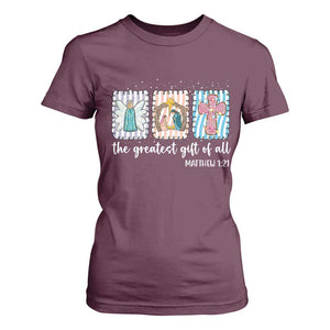 Christian Christmas T Shirt For Women The Greatest Gift Of All Jesus Nativity Scene TS11 Maroon Print Your Wear