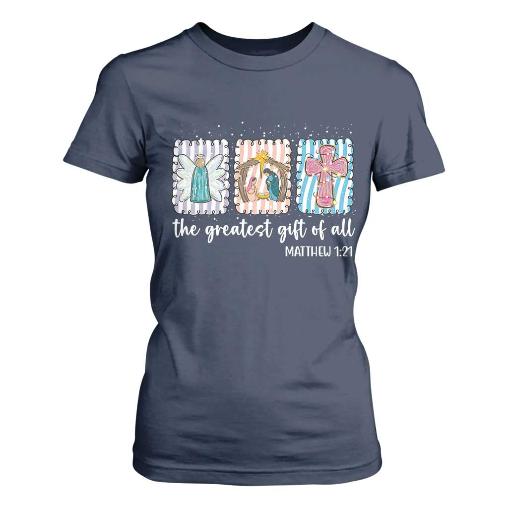 Christian Christmas T Shirt For Women The Greatest Gift Of All Jesus Nativity Scene TS11 Navy Print Your Wear