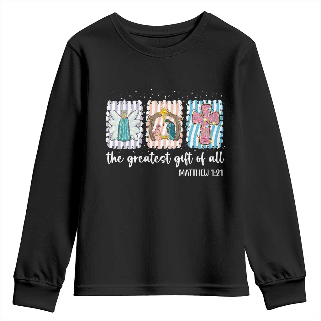 Christian Christmas Youth Sweatshirt The Greatest Gift Of All Jesus Nativity Scene TS11 Black Print Your Wear