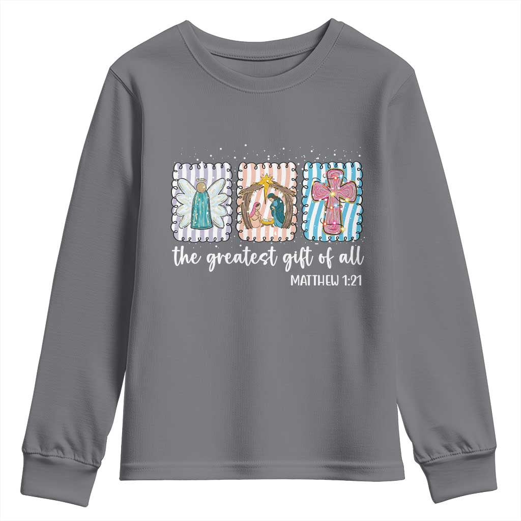 Christian Christmas Youth Sweatshirt The Greatest Gift Of All Jesus Nativity Scene TS11 Charcoal Print Your Wear