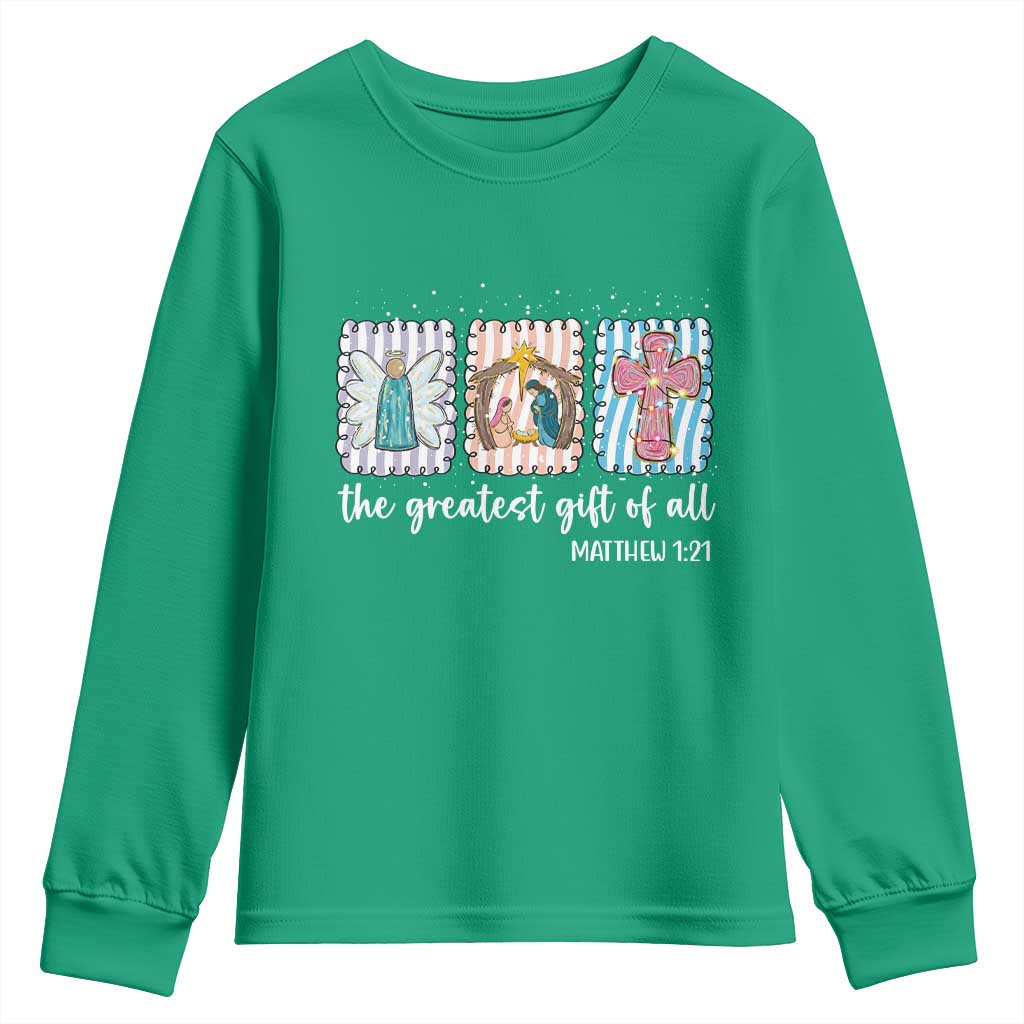 Christian Christmas Youth Sweatshirt The Greatest Gift Of All Jesus Nativity Scene TS11 Irish Green Print Your Wear