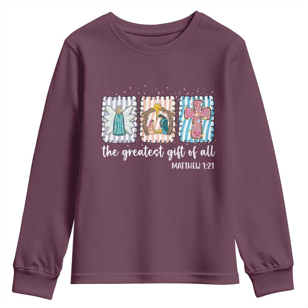 Christian Christmas Youth Sweatshirt The Greatest Gift Of All Jesus Nativity Scene TS11 Maroon Print Your Wear