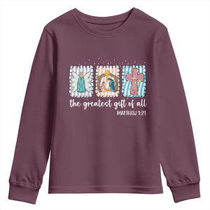 Christian Christmas Youth Sweatshirt The Greatest Gift Of All Jesus Nativity Scene TS11 Maroon Print Your Wear
