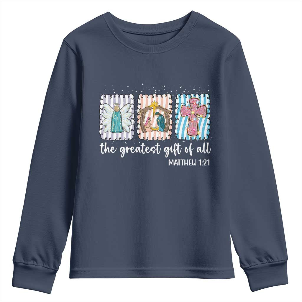 Christian Christmas Youth Sweatshirt The Greatest Gift Of All Jesus Nativity Scene TS11 Navy Print Your Wear