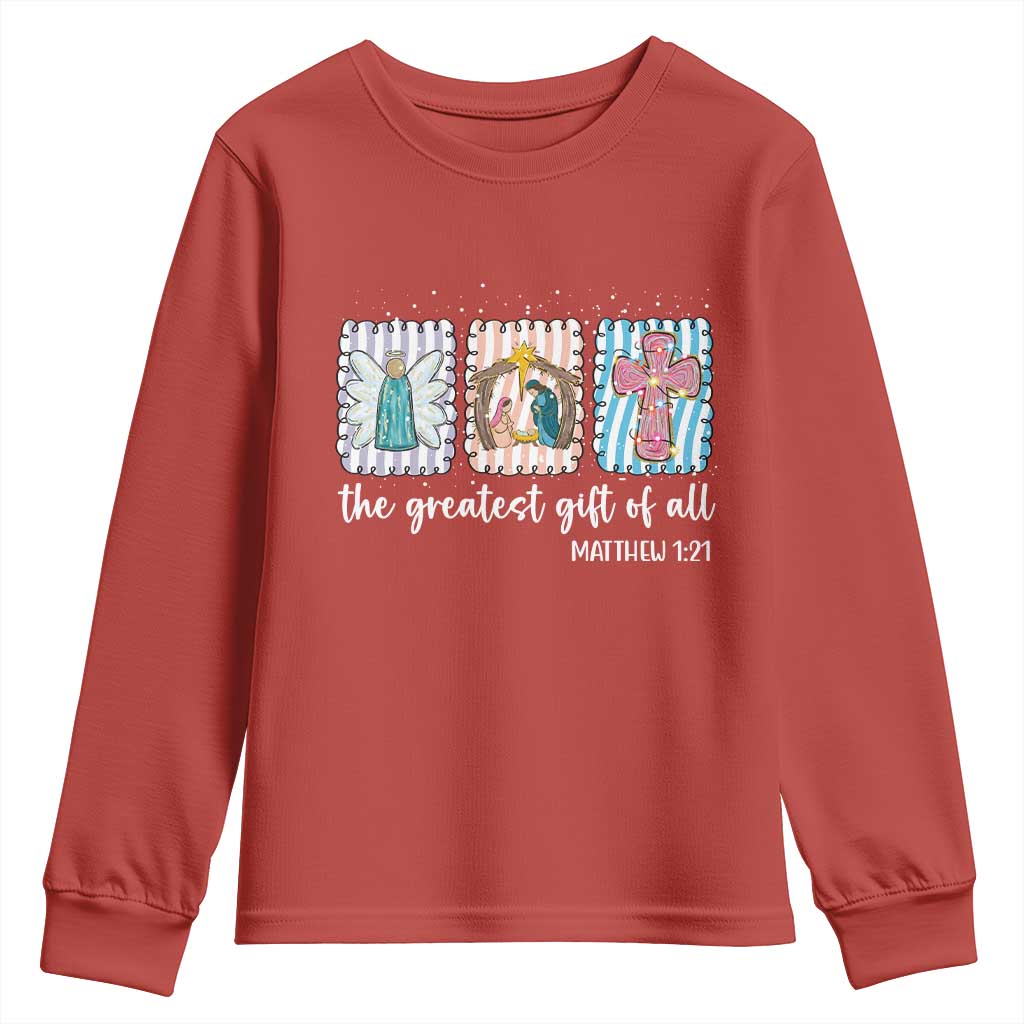 Christian Christmas Youth Sweatshirt The Greatest Gift Of All Jesus Nativity Scene TS11 Red Print Your Wear