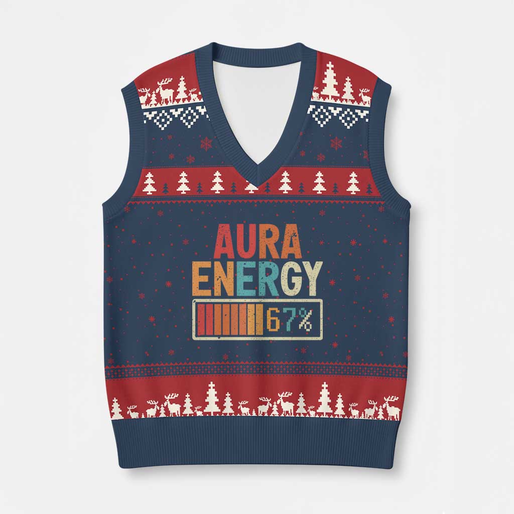 Funny Aura Energy At 67 V-Neck Knit Sweater Vest Six Seven Meme Gen Alpha Slang - Print Your Wear