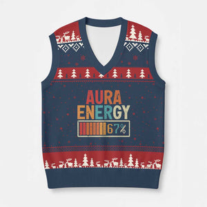 Funny Aura Energy At 67 V-Neck Knit Sweater Vest Six Seven Meme Gen Alpha Slang - Print Your Wear