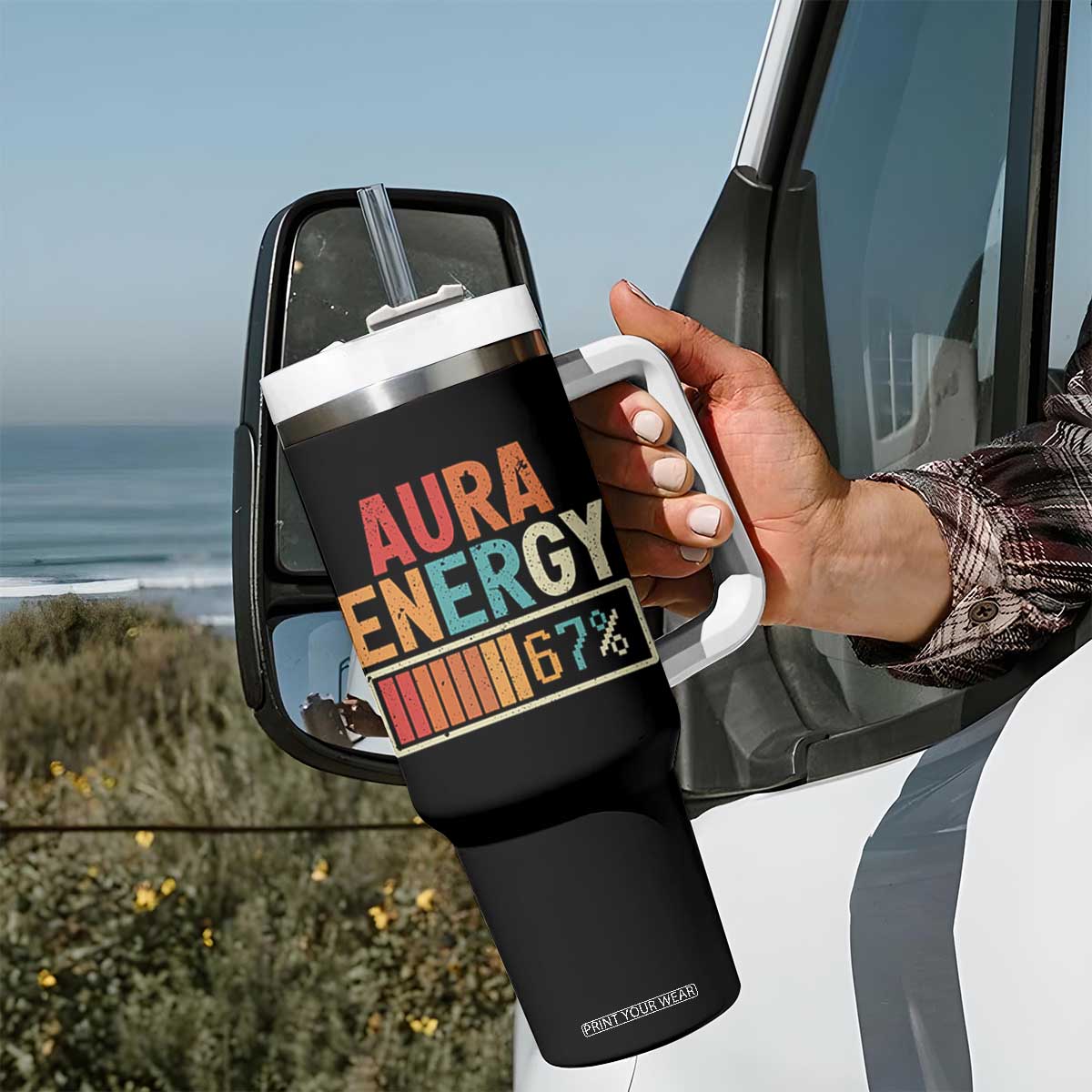 Funny Aura Energy At 67 Tumbler With Handle Six Seven Meme Gen Alpha Slang TS11 Print Your Wear