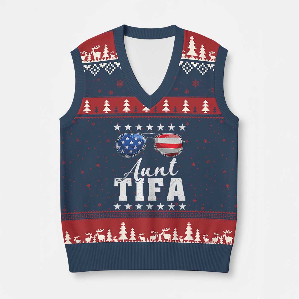 Funny Aunt Tifa V-Neck Knit Sweater Vest Political Satire American Flag Sunglasses TS11 Navy Red Print Your Wear