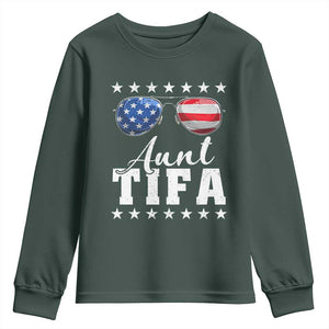 Funny Aunt Tifa Youth Sweatshirt Political Satire American Flag Sunglasses TS11 Dark Forest Green Print Your Wear
