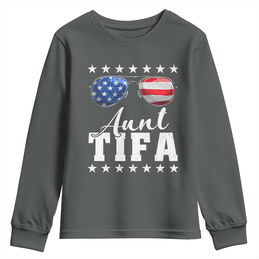 Funny Aunt Tifa Youth Sweatshirt Political Satire American Flag Sunglasses TS11 Dark Heather Print Your Wear