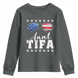 Funny Aunt Tifa Youth Sweatshirt Political Satire American Flag Sunglasses TS11 Dark Heather Print Your Wear