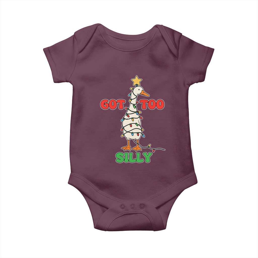 Funny Christmas Silly Goose Baby Onesie Got Too Silly Goose Pun Humor Xmas Tree TS11 Maroon Print Your Wear