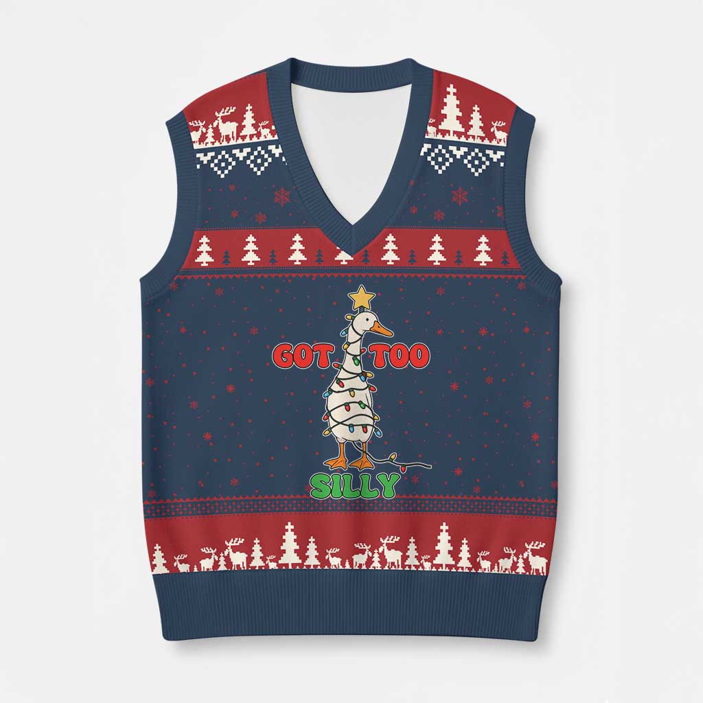 Funny Xmas Silly Goose V-Neck Knit Sweater Vest Got Too Silly Goose Pun Humor Xmas Tree TS11 Navy Red Print Your Wear