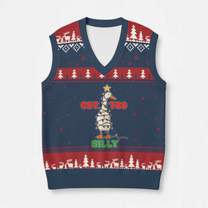 Funny Xmas Silly Goose V-Neck Knit Sweater Vest Got Too Silly Goose Pun Humor Xmas Tree TS11 Navy Red Print Your Wear