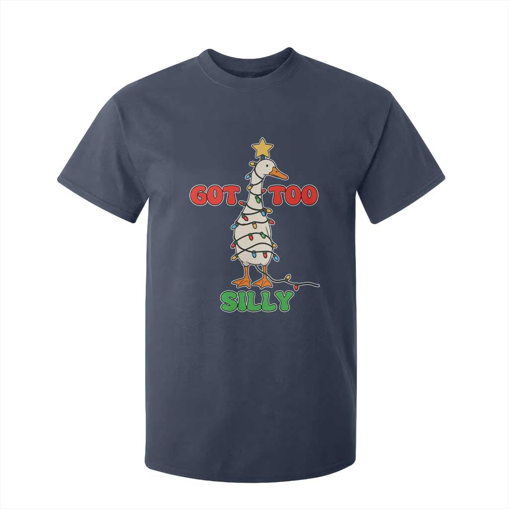 Funny Christmas Silly Goose T Shirt For Kid Got Too Silly Goose Pun Humor Xmas Tree TS11 Navy Print Your Wear