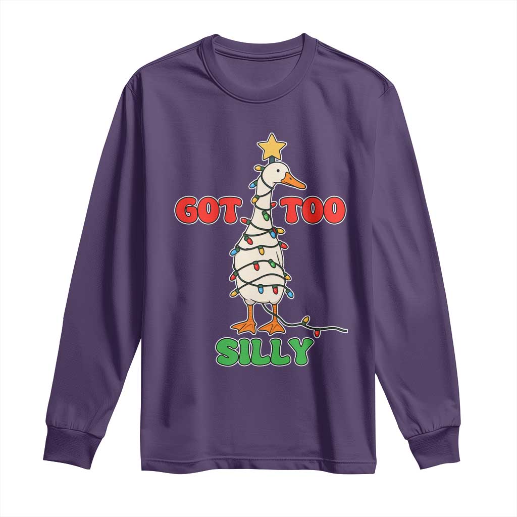 Funny Christmas Silly Goose Long Sleeve Shirt Got Too Silly Goose Pun Humor Xmas Tree TS11 Purple Print Your Wear