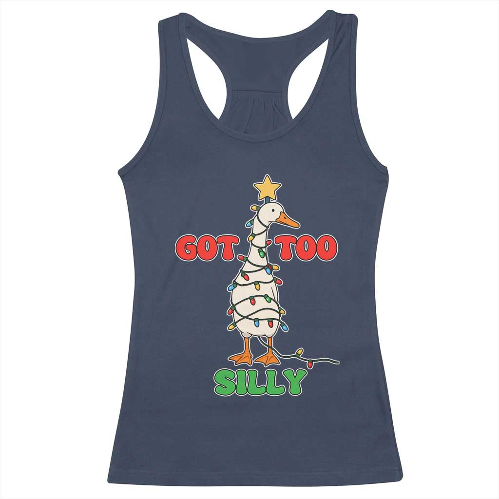 Funny Christmas Silly Goose Racerback Tank Top Got Too Silly Goose Pun Humor Xmas Tree TS11 Navy Print Your Wear