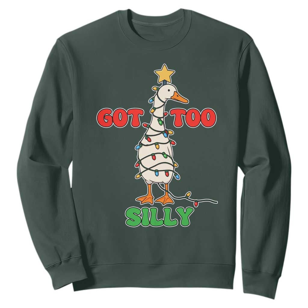 Funny Christmas Silly Goose Sweatshirt Got Too Silly Goose Pun Humor Xmas Tree TS11 Dark Forest Green Print Your Wear