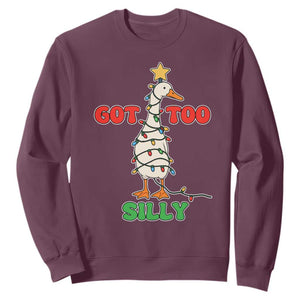 Funny Christmas Silly Goose Sweatshirt Got Too Silly Goose Pun Humor Xmas Tree TS11 Maroon Print Your Wear