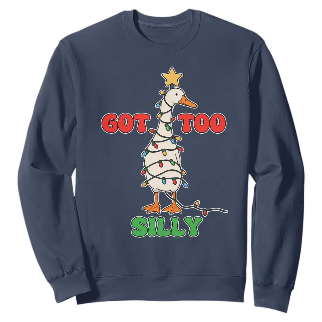 Funny Christmas Silly Goose Sweatshirt Got Too Silly Goose Pun Humor Xmas Tree TS11 Navy Print Your Wear