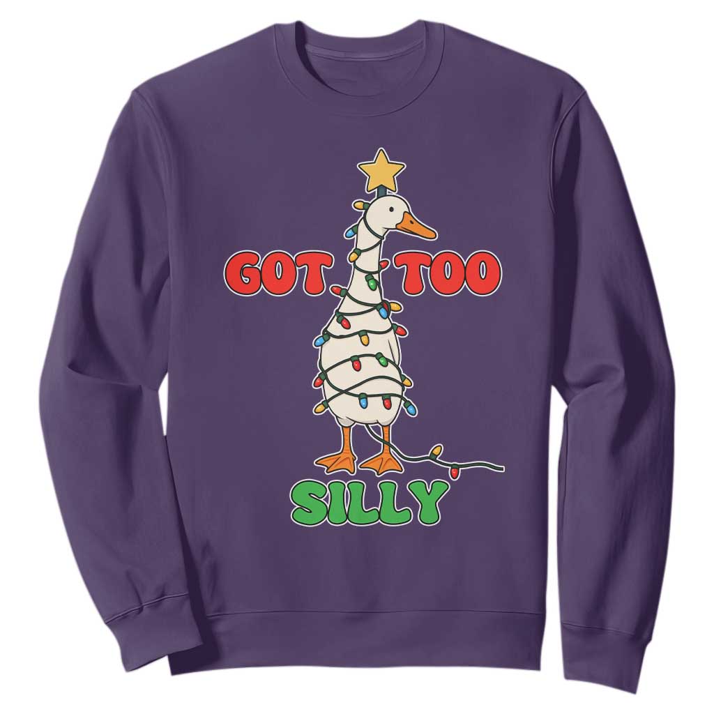 Funny Christmas Silly Goose Sweatshirt Got Too Silly Goose Pun Humor Xmas Tree TS11 Purple Print Your Wear