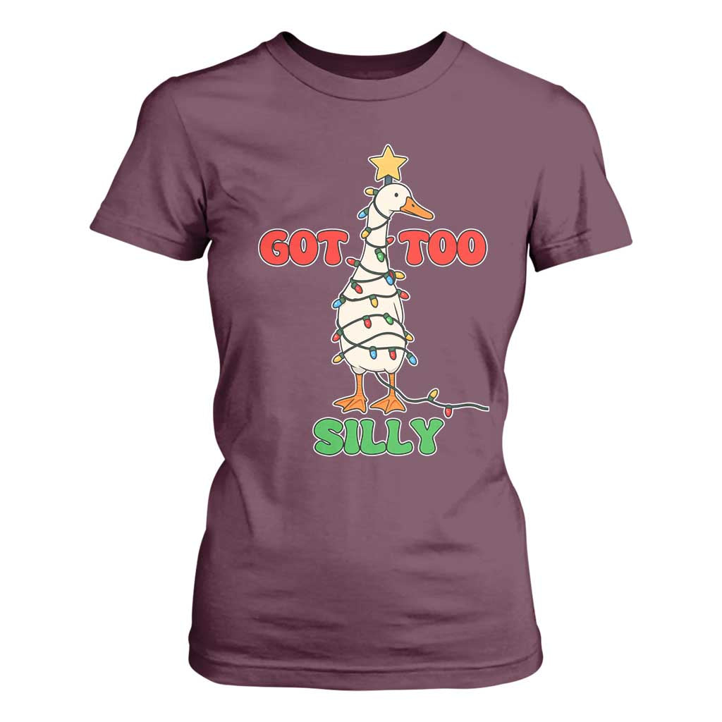 Funny Christmas Silly Goose T Shirt For Women Got Too Silly Goose Pun Humor Xmas Tree TS11 Maroon Print Your Wear