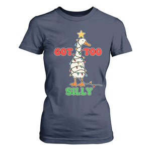 Funny Christmas Silly Goose T Shirt For Women Got Too Silly Goose Pun Humor Xmas Tree TS11 Navy Print Your Wear