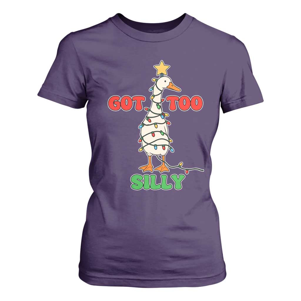 Funny Christmas Silly Goose T Shirt For Women Got Too Silly Goose Pun Humor Xmas Tree TS11 Purple Print Your Wear