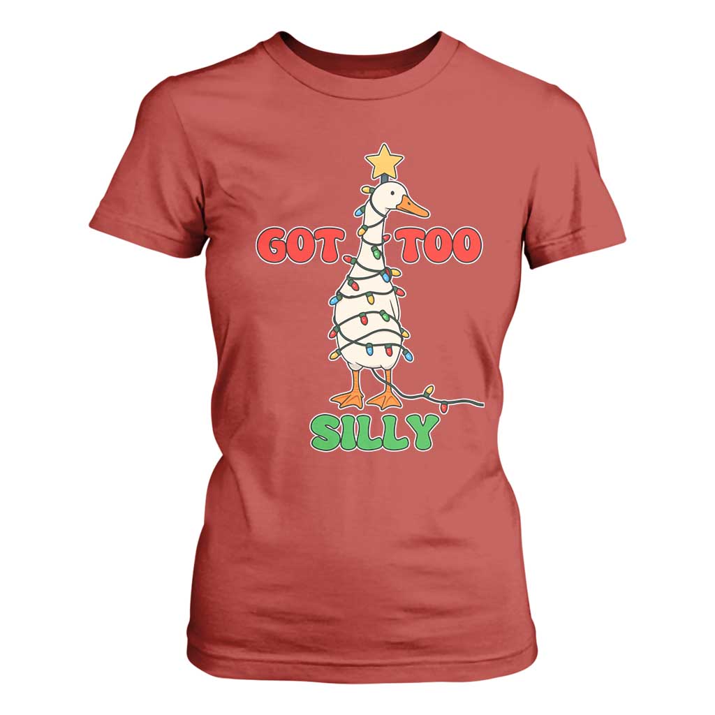 Funny Christmas Silly Goose T Shirt For Women Got Too Silly Goose Pun Humor Xmas Tree TS11 Red Print Your Wear