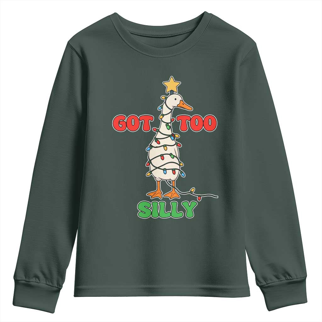 Funny Christmas Silly Goose Youth Sweatshirt Got Too Silly Goose Pun Humor Xmas Tree TS11 Dark Forest Green Print Your Wear