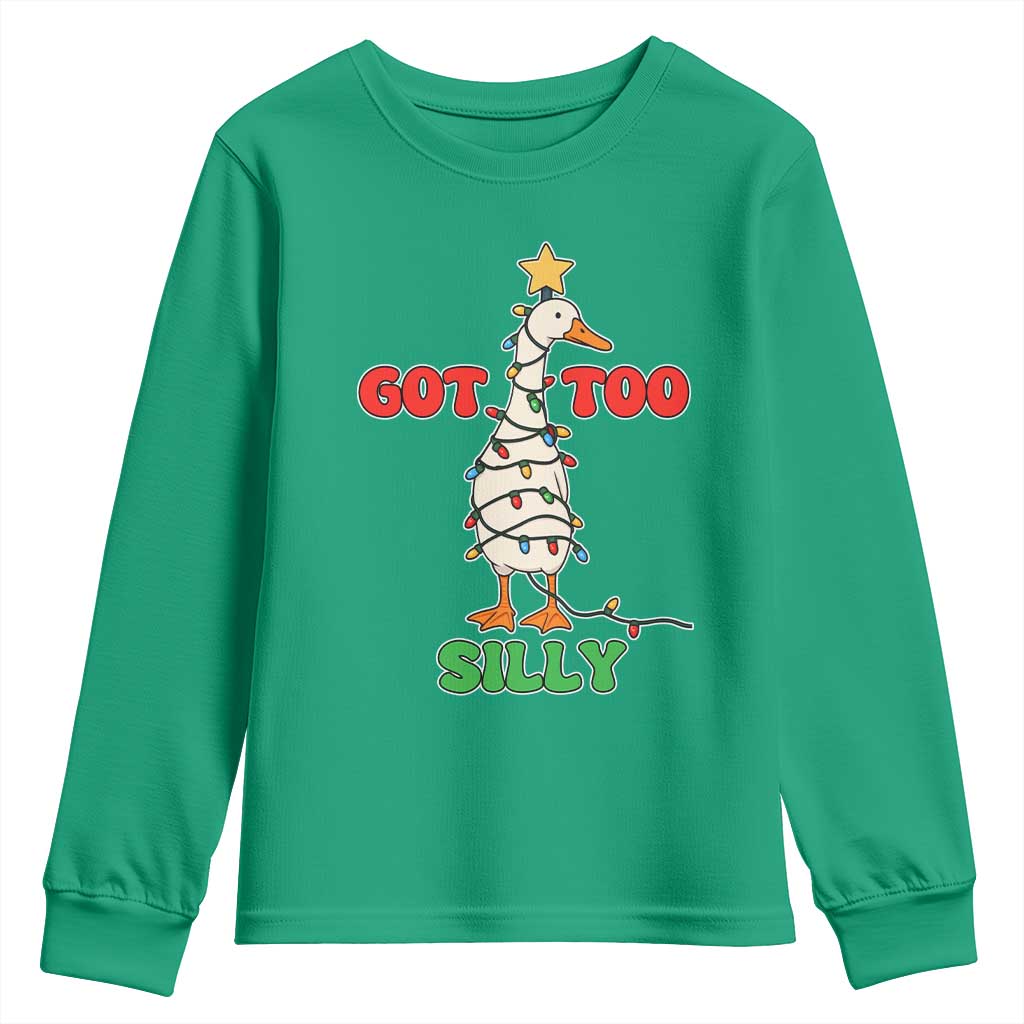 Funny Christmas Silly Goose Youth Sweatshirt Got Too Silly Goose Pun Humor Xmas Tree TS11 Irish Green Print Your Wear