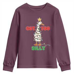 Funny Christmas Silly Goose Youth Sweatshirt Got Too Silly Goose Pun Humor Xmas Tree TS11 Maroon Print Your Wear