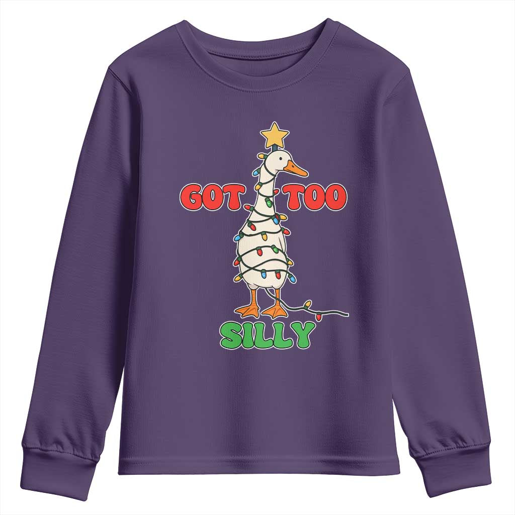 Funny Christmas Silly Goose Youth Sweatshirt Got Too Silly Goose Pun Humor Xmas Tree TS11 Purple Print Your Wear