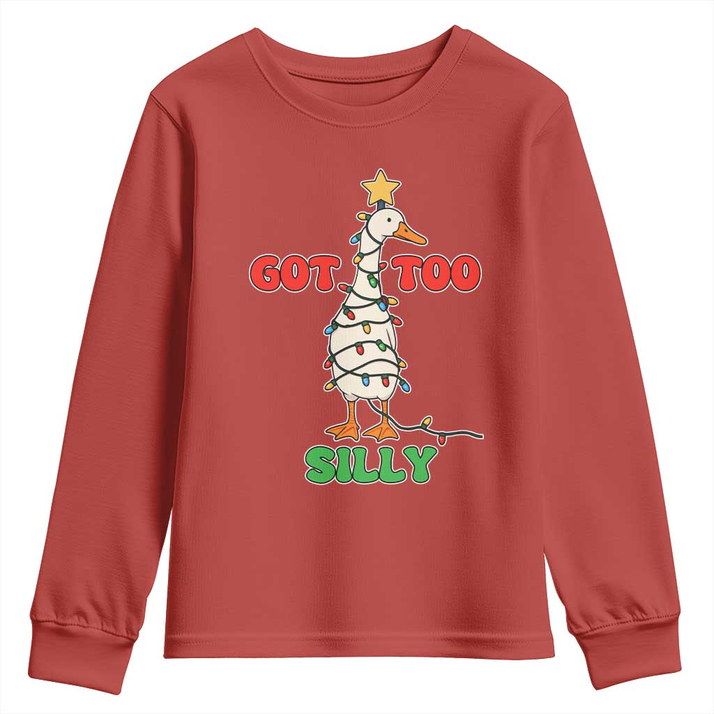 Funny Christmas Silly Goose Youth Sweatshirt Got Too Silly Goose Pun Humor Xmas Tree TS11 Red Print Your Wear