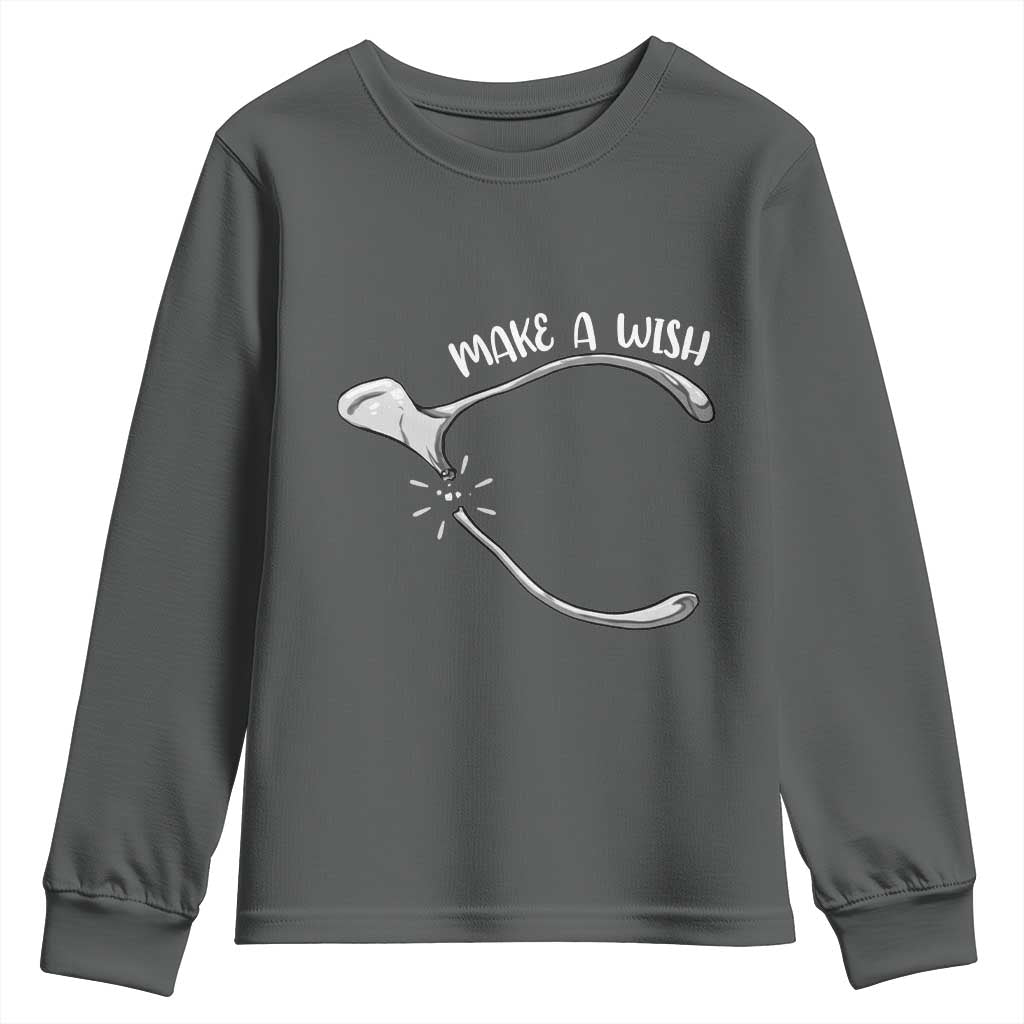 Funny Thanksgiving Turkey Wishbone Youth Sweatshirt Make A Wish Chicken Turkey TS11 Dark Heather Print Your Wear
