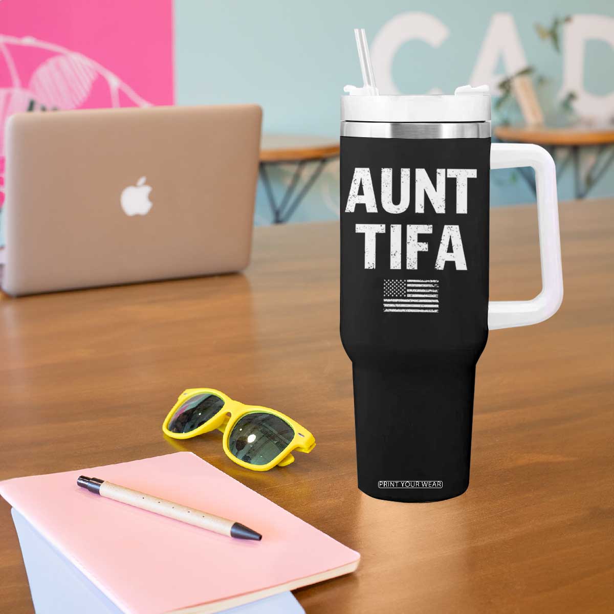 Funny Aunt Tifa Tumbler With Handle Political Satire Vintage American Flag TS11 Print Your Wear