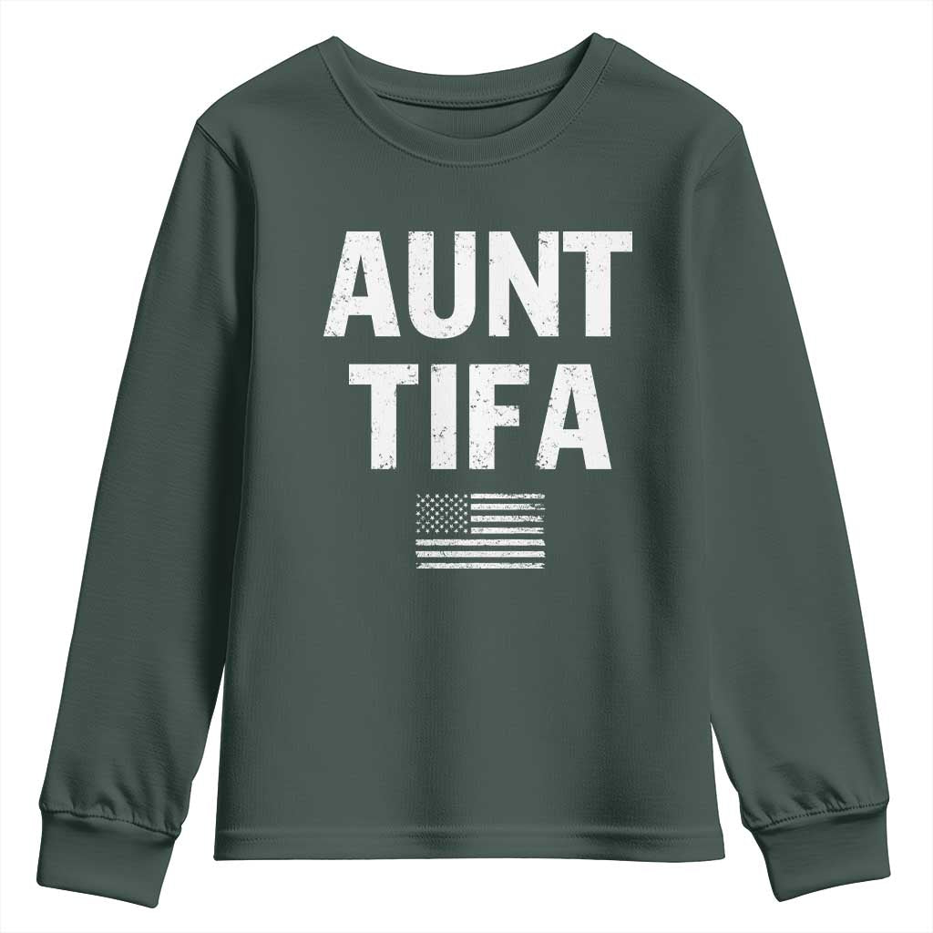 Funny Aunt Tifa Youth Sweatshirt Political Satire Vintage American Flag TS11 Dark Forest Green Print Your Wear
