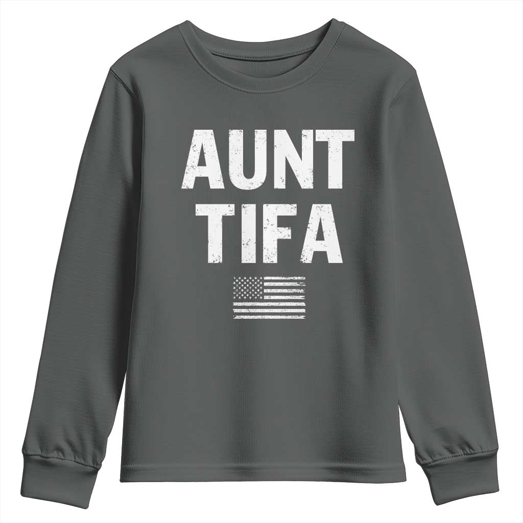 Funny Aunt Tifa Youth Sweatshirt Political Satire Vintage American Flag TS11 Dark Heather Print Your Wear
