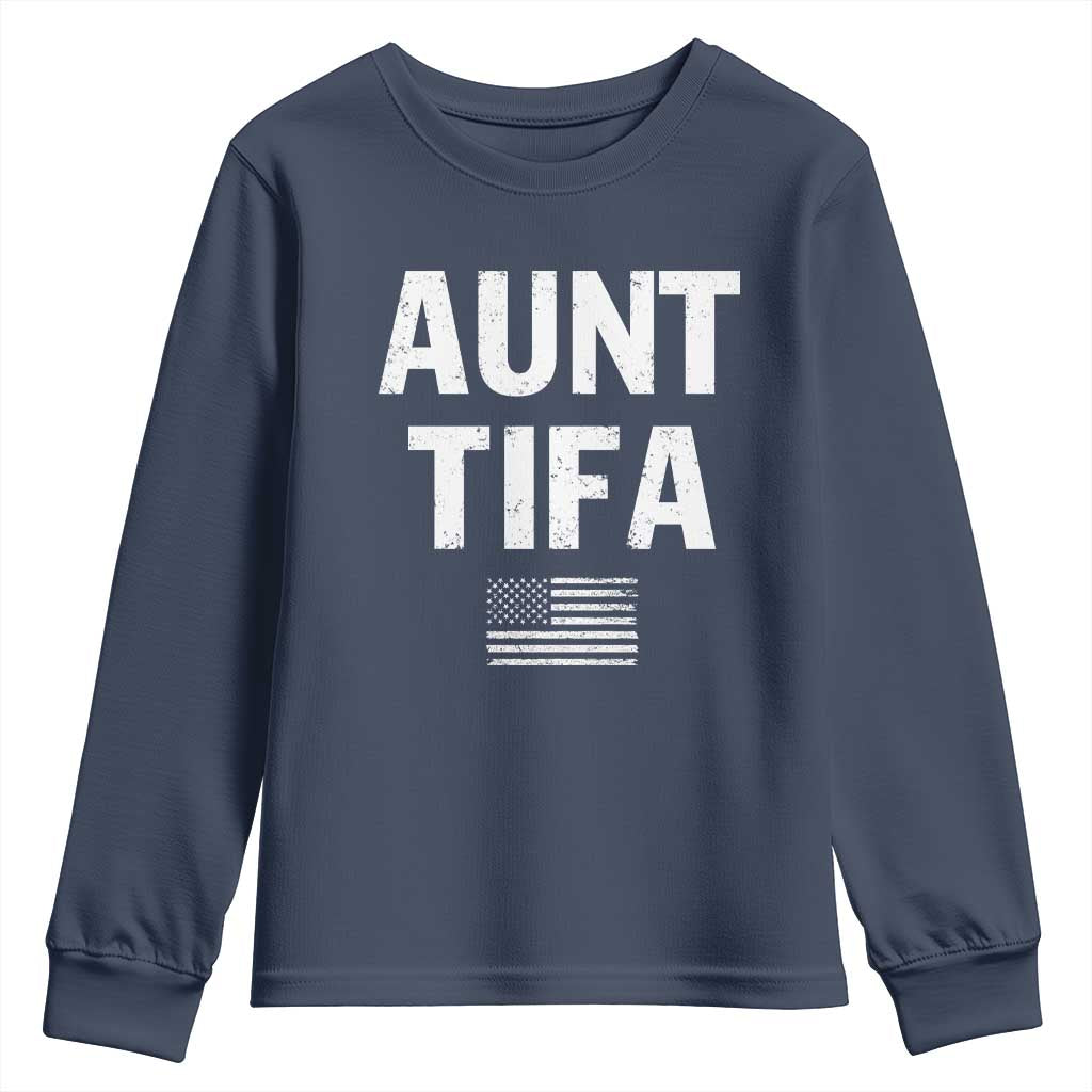 Funny Aunt Tifa Youth Sweatshirt Political Satire Vintage American Flag TS11 Navy Print Your Wear