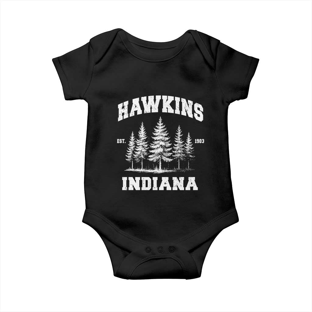 Funny Hawkins Sci Fi Lover Baby Onesie Indiana Strangers Pine Tree TS11 Black Print Your Wear